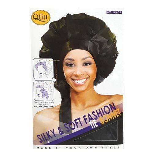 QFITT | Silky & Soft Fashion Tie Bonnet Black Satin Material Bonnet 8021 | Hair to Beauty.