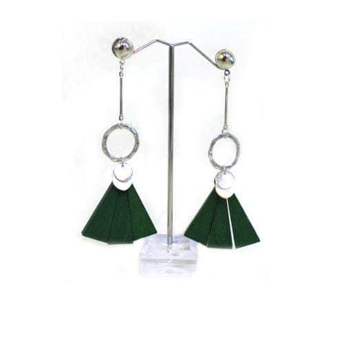 E0578 | Silver Earrings with Dangling Green Wooden Fan | Hair to Beauty.