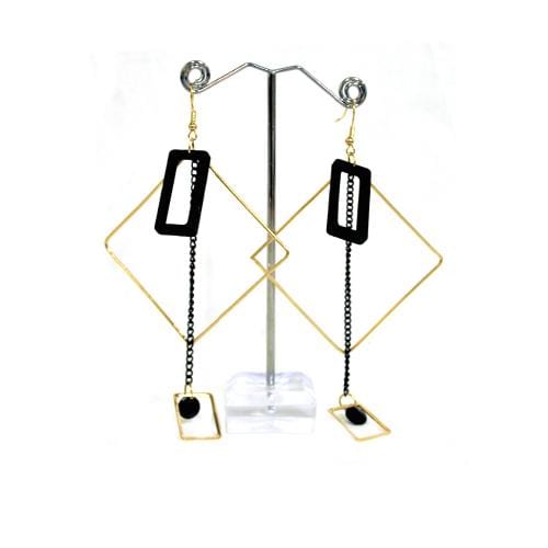 E0735 | Gold Square Earrings with Dangling Black Rectangle | Hair to Beauty.