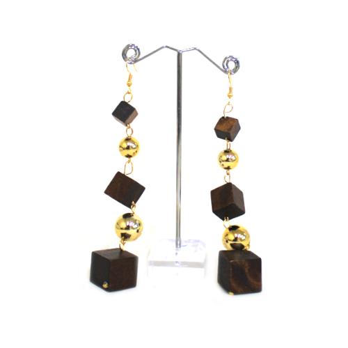 E0868 | Dangling Dark Brown Wooden Cube Earrings | Hair to Beauty.