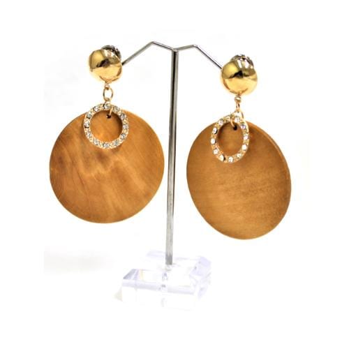 E0092 | Light Brown Wooden Disc with Rhinestone Ring Earrings | Hair to Beauty.