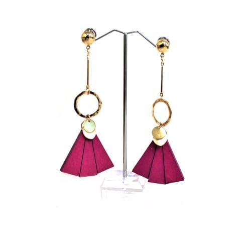 E0099 | Gold Earrings with Dangling Pink Wooden Fan | Hair to Beauty.