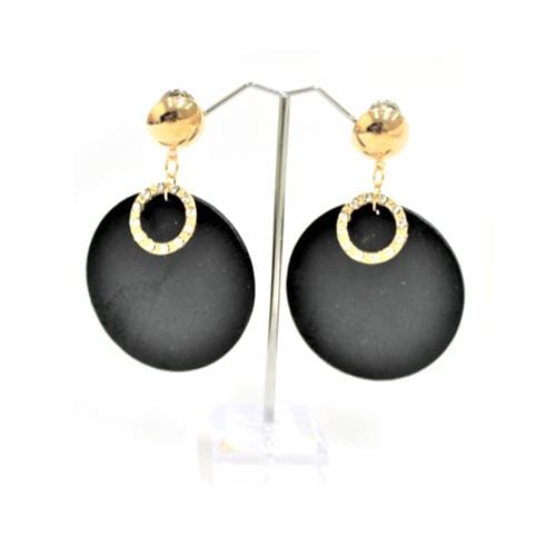 E0112 | Black Wooden Disc with Rhinestone Ring Earrings | Hair to Beauty.