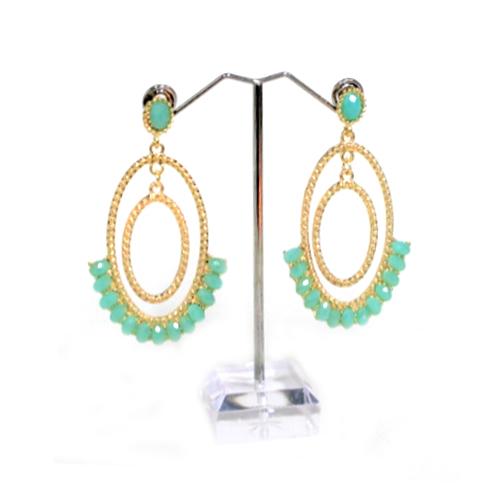 E0240 | Gold Double Oval Hoop Earrings with Teal Gems | Hair to Beauty.