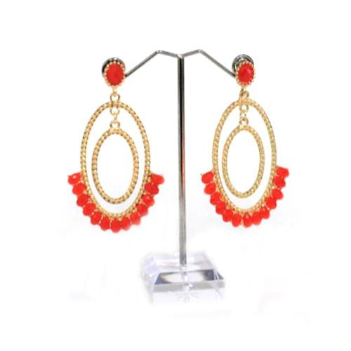 E0282-1 | Gold Double Oval Hoop Earrings with Red Gems | Hair to Beauty.
