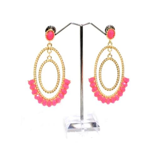 E0282 | Gold Double Oval Hoop Earrings with Pink Gems | Hair to Beauty.