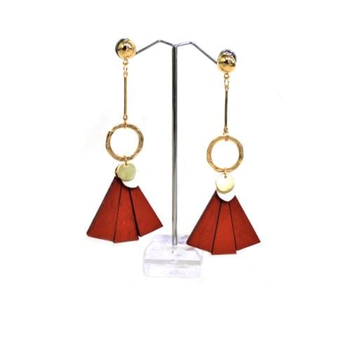 E0319 | Gold Earring with Dangling Red Wooden Fan | Hair to Beauty.
