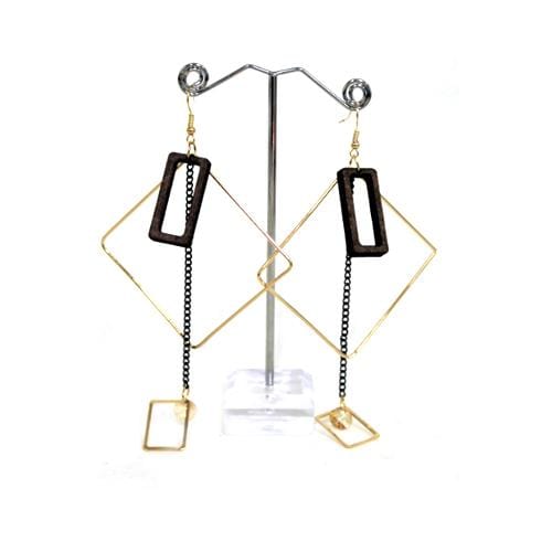 E0711 | Gold Square Earrings with Dangling Dark Brown Rectangle | Hair to Beauty.