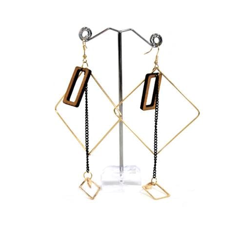 E0718 | Gold Square Earrings with Dangling Light Brown Rectangle | Hair to Beauty.