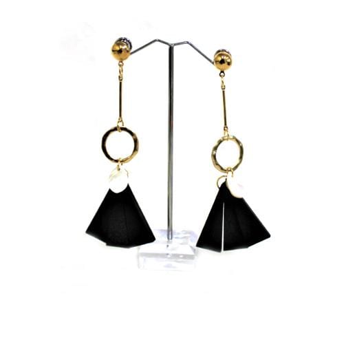 E0751 | Gold Earring with Dangling Black Wooden Fan | Hair to Beauty.