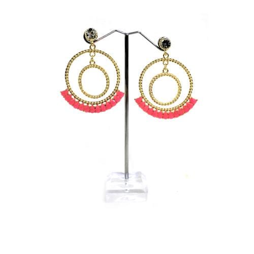 E0775 | Gold Double Textured Hoop with Pink Gems Earrings | Hair to Beauty.