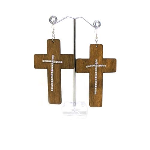 E0851 | Light Brown Wooden Cross Earring with Rhinestones | Hair to Beauty.