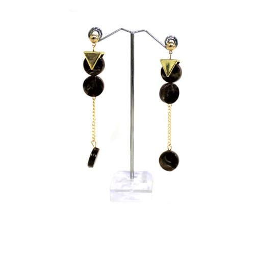E0900 | Gold Earrings with Dangling Brown Marble Discs | Hair to Beauty.