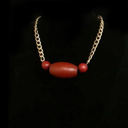 N0126 | Gold Curb Chain with Red Wood Bead Necklace | Hair to Beauty.
