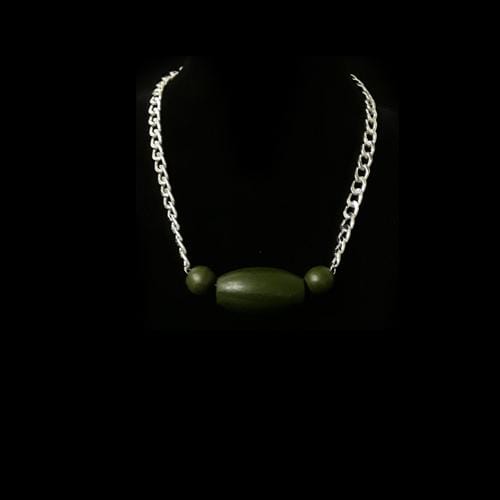 N0161 | Silver Curb Chain with Dark Green Wooden Beads Necklace | Hair to Beauty.