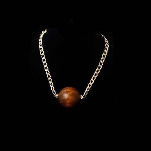N0165 | Gold Curb Chain with Natural Brown Wooden Sphere Necklace | Hair to Beauty.