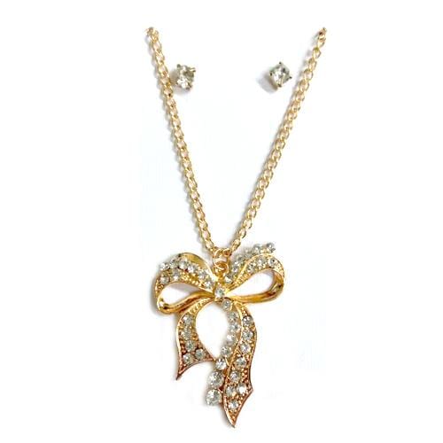 S0011 | Gold Rhinestone Studded Ribbon Necklace & Stud Earring Set | Hair to Beauty.