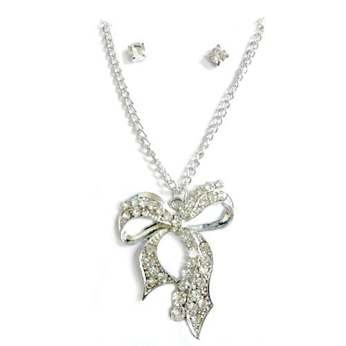 S0012 | Silver Rhinestone Studded Ribbon Necklace & Stud Earring Set | Hair to Beauty.