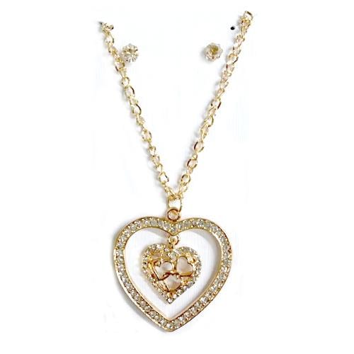 S0005 | Gold Hearts Within Rhinestone Hearts Necklace & Stud Earrings Set | Hair to Beauty.
