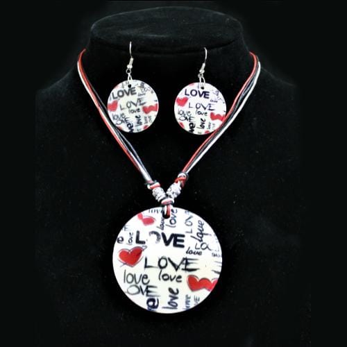S0046 | Red Heart Love Written Shell Disc Necklace & Earring Set | Hair to Beauty.