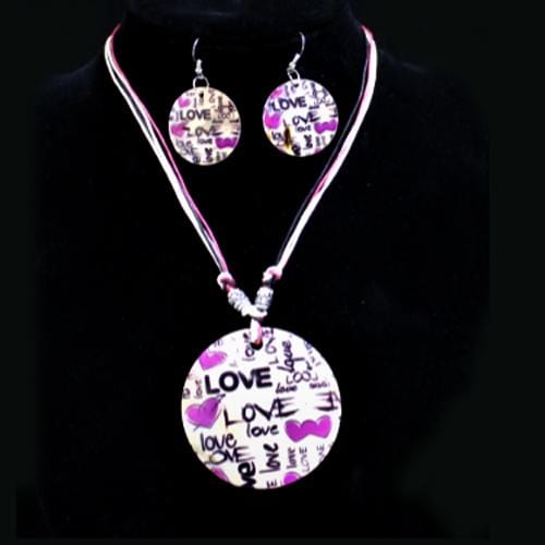 S0048 | Purple Heart Love Written Shell Disc Necklace & Earring Set | Hair to Beauty.