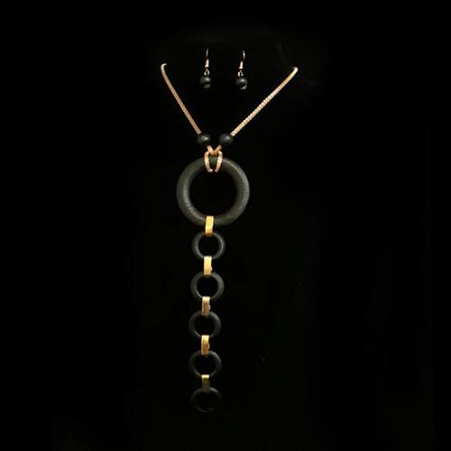S0135 | Black Wooden Y Necklace & Earring Set | Hair to Beauty.