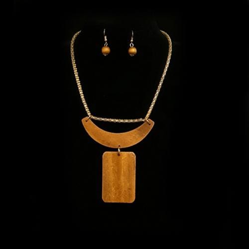 S0136 | Light Brown Wooden Geometric Bib Necklace & Earring Set | Hair to Beauty.