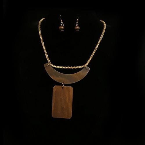 S0137 | Dark Brown Wooden Geometric Bib Necklace & Earring Set | Hair to Beauty.
