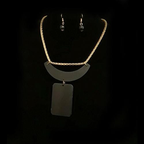 S0138 | Black Wooden Geometric Bib Necklace & Earring Set | Hair to Beauty.