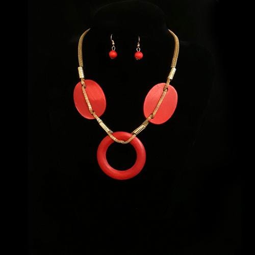 S0141 | Red Wooden Statement Necklace & Earring Set | Hair to Beauty.