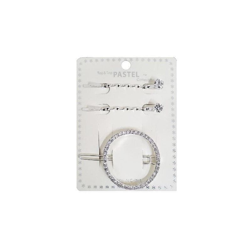 Pastel | Circle Rhinestone Hair Pin 3PCS Silver | Hair to Beauty.