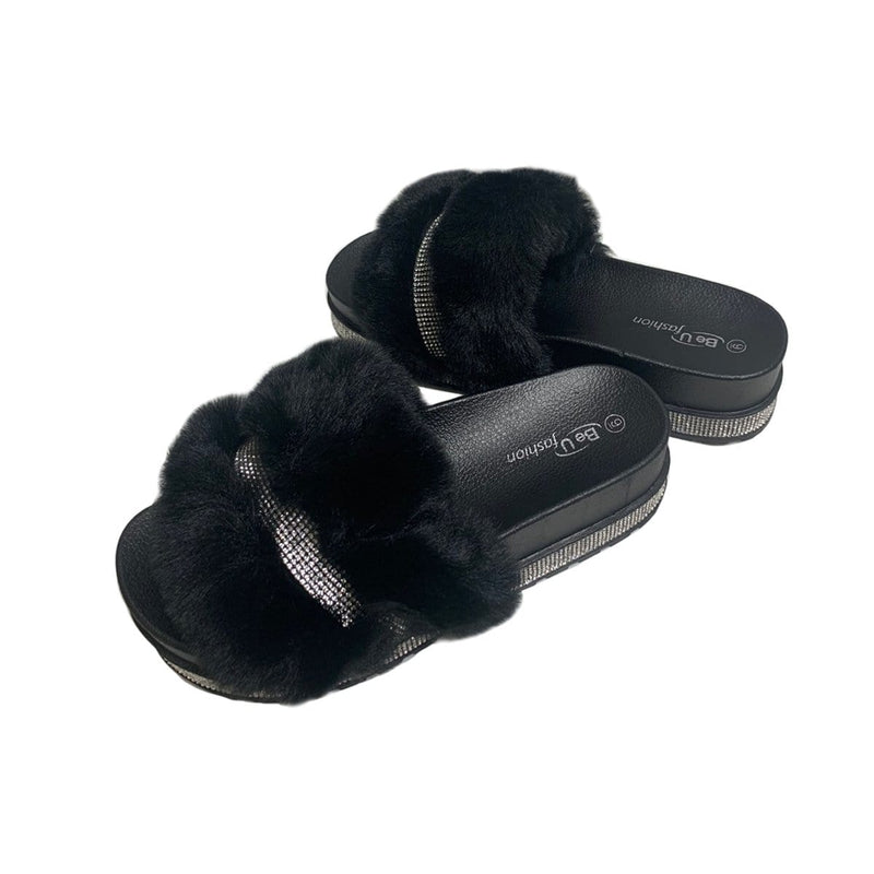 BE U | Fur Sandal with Rhinestone | Hair to Beauty.